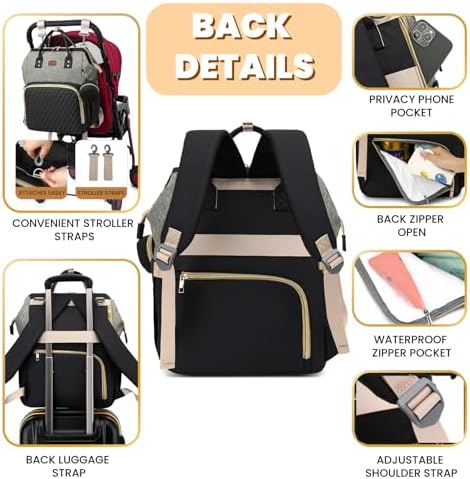 ROSEGIN Diaper Bag Backpack with Changing Pad, Pacifier Case, Baby Bag for Boy Girl Toddler - Large, Stylish, Waterproof Travel Quilted Diaper Bag for Mom - Baby Shower - Black Grey - Image 4