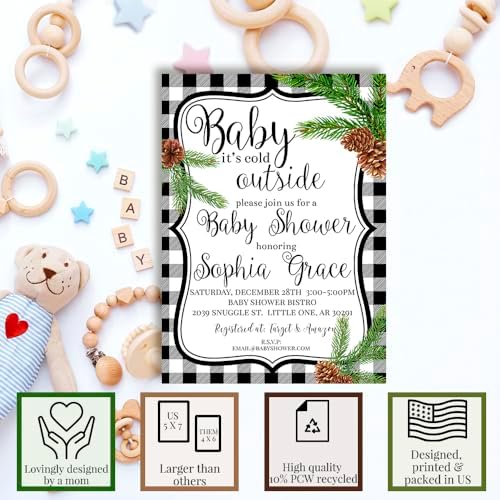 Amanda Creation Custom Baby Shower Invites Buffalo Plaid Pinecone Baby Shower Invitation 20 5x7 Personalized Pinecone Buffalo Plaid Invites With Envelopes - Image 2