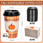 Whaline 50 Pcs Fall Thanksgiving Buffalo Plaid Disposable Coffee Cup with Lids and Sleeves Rustic Pumpkin Maple Leaf Paper Drinking Cups for Autumn Harvest Thanksgiving Party Supplies - Image 2