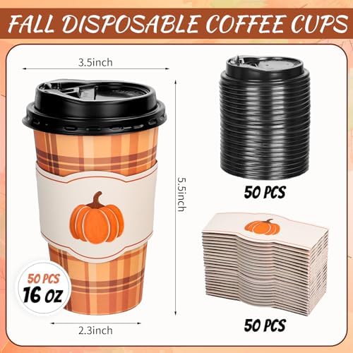 Whaline 50 Pcs Fall Thanksgiving Buffalo Plaid Disposable Coffee Cup with Lids and Sleeves Rustic Pumpkin Maple Leaf Paper Drinking Cups for Autumn Harvest Thanksgiving Party Supplies - Image 2