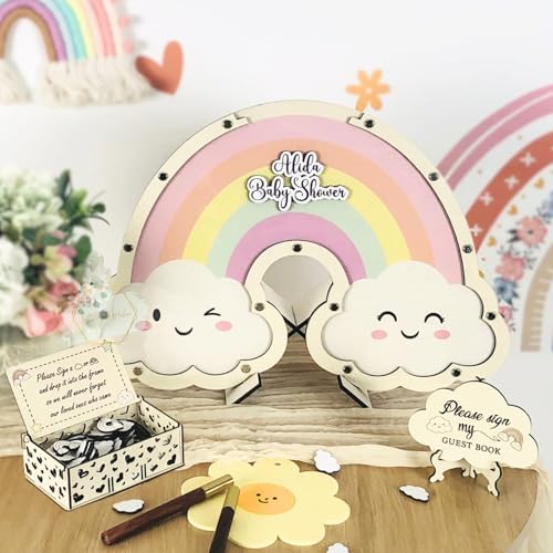 Boho Rainbow Baby Shower Guest Book Alternative Wooden Drop Box Frame - Image 4