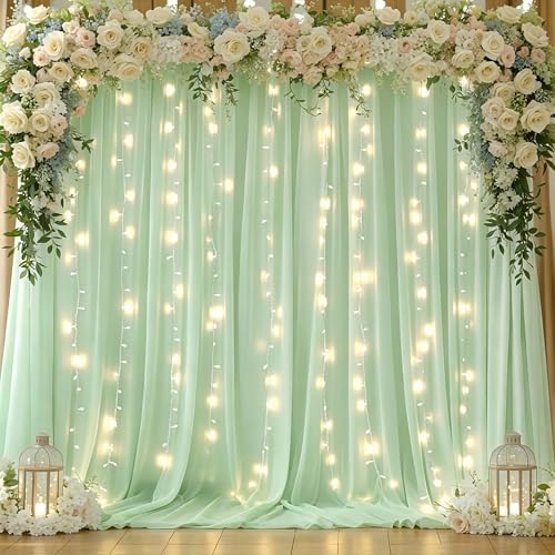 Shillance 10x10ft Sage Green Chiffon Backdrop Curtain with Lights String for Wedding Sheer Tulle Curtain Photo Backdrops Drapes for Baby Shower Birthday Party Ceremony Decorations by Shillance