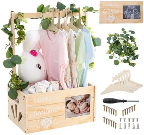 Wooden Baby Shower Crate Closet, Personalized Baby Shower Basket with Wreath & Hanger, Love at First Sight Sonogram Picture Frame, Easy Assembly Baby Clothes Storage Box for Pregnancy Gift by LLMQ