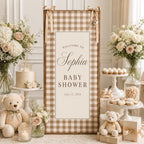 Welcome To Gingham Plaid Tan Neutral Baby Shower Satin Fabric Welcome Banner by Custom