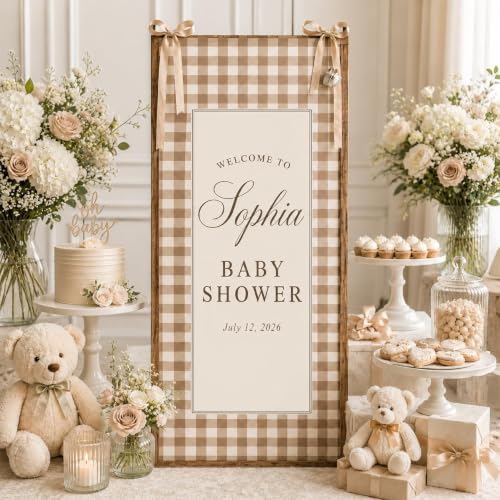 Welcome To Gingham Plaid Tan Neutral Baby Shower Satin Fabric Welcome Banner by Custom