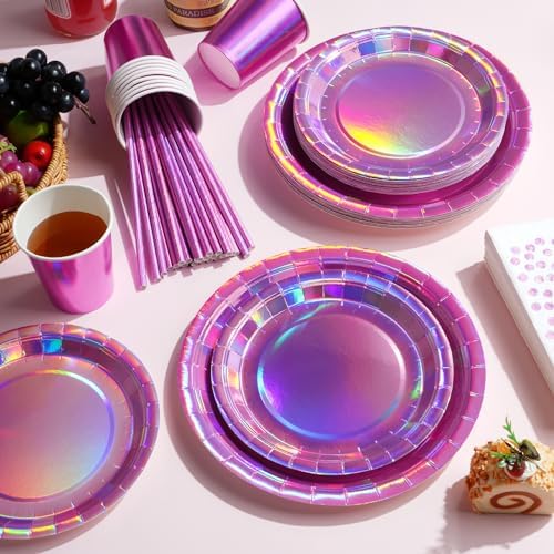 Iridescent Pink Party Supplies Decorations Serve 50, Hot Pink Holographic Paper Plates and Napkins Set, Disposable Pink Paper Plates Cups Knives Spoons Fork for Mermaid Disco Kpop Birthday Party Decor - Image 3