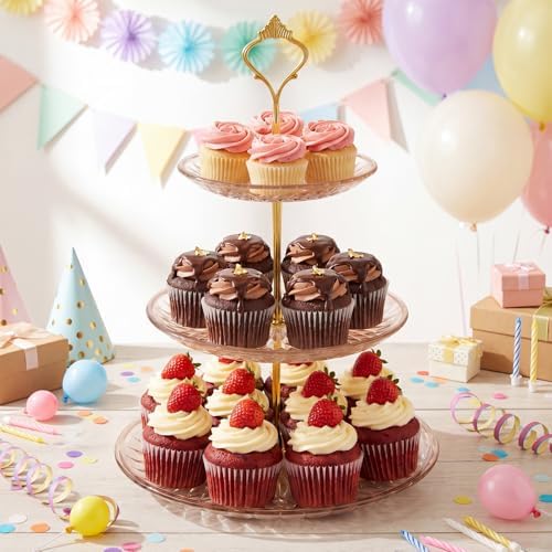 Patelai 8 Packs 3 Tier Acrylic Cake Stand with Round Holder 3 Tier Serving Tray Acrylic Crystal Cupcake Stand Holder for Home Wedding Birthday Baby Shower Tea Party Favors(Clear Amber, Golden Crown) - Image 7