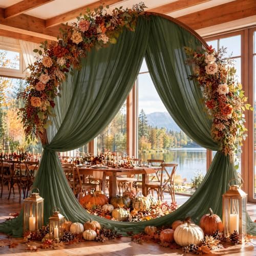 Olive Green Wedding Arch Draping Fabric Sheer Curtain Drapes 4 Panels | 20ft Extra Long Shimmery Backdrop Curtains Bulk for Wedding Anniversary Party Fall Outdoor Events Drapery Backgrounds - Image 2