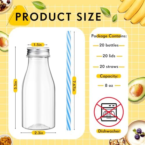 Yinkin 20 Sets Plastic Milk Bottles with Straws Bulk Reusable Beverage Containers for Birthday Baby Shower Party with Metal Lids Straws for Milk Juice Smoothies (8 oz,Pastel Color) - Image 2