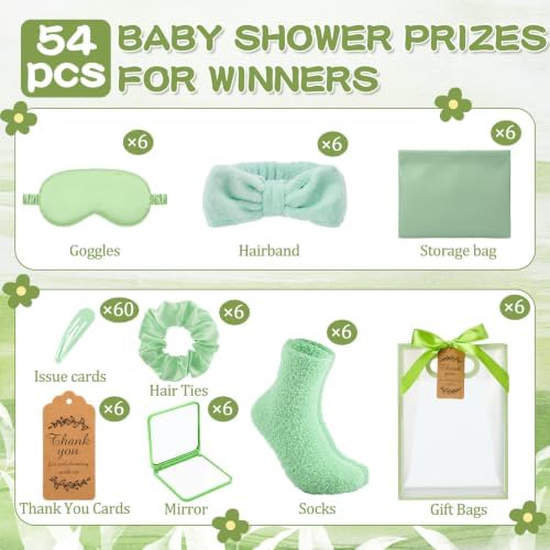 54 Pcs Baby Shower Prizes for Winners Prizes Gifts 6 Sets with Headbands Eye Masks Mirrors Hair Ties Hair Clips Socks Storage Bags Thank Card Gift Bag for Baby Shower Party Wedding(Green) - Image 4