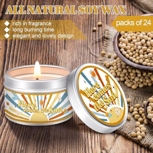 MTLEE Baby Shower Party Favors Candles Lavender Scented Baby Shower Favors for Guests Rustic Tealights Candles Gender Reveal Return Gifts(Yellow,Here Comes the Son,1.2 oz,24 Pcs) - Image 3