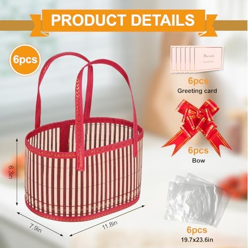 ‌Large Woven Gift Basket with Handles - Empty Bamboo Basket for Gifts (Adults/Wine/Christmas) (RED, 6PC SMALL) - Image 2