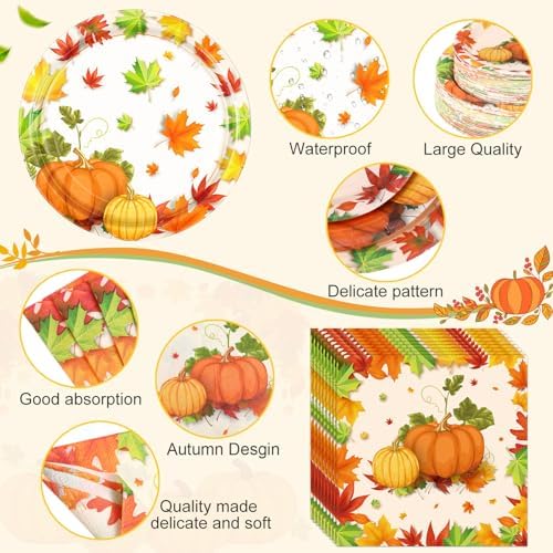 Funnymoom 452 Pcs Thanksgiving Fall Party Decorations for 50, Pumpkin Maple Leaf Thanksgiving Paper Plates Napkins Cups Tablecloth Cutlery Straws for Harvest Autumn Birthday Holiday Party Supplies - Image 3