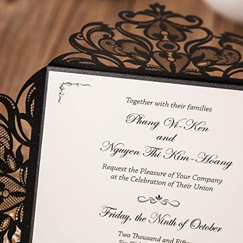 Hosmsua 50PCS Personalized Black Wedding invitation with Envelopes, 6.3x6.3 Laser Cut Hollow Lace Rose Invitation for Wedding Engagement Birthday Invite (Customized Printed) - Image 5