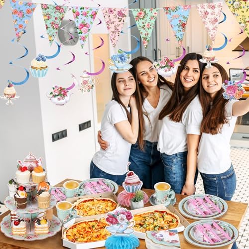 257 Pcs Tea Party Supplies Floral Paper Tea Party Decor, Green - Image 6