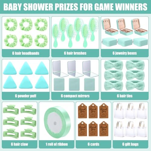 Knitgrip 55pcs Baby Shower Prizes for Winners Gifts Including Headband Hairbrush Jewelry Box Compact Mirror Powder Puff Hair Tie Claw Gift Bag for Game Baby Wedding Bridal Shower(Green) - Image 2