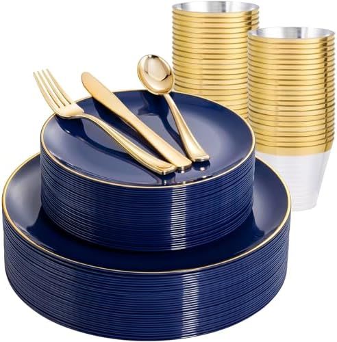 WDF 150pcs Blue plastic Plates - Navy Blue Plates Disposable 25guest Disposable Dinnerware Sets for Party/Wedding/Birthday by WDF