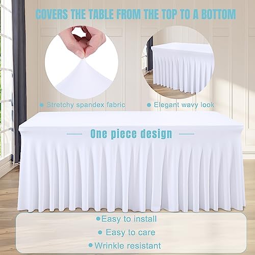 6 Packs White Table Clothes for 6 Foot Rectangle Tables, One-Piece Wrinkle Resistant Stretch Spandex Table Covers with Skirt for Event Banquet Wedding Birthday Party - Image 2