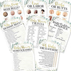 Hadley Designs 75 Greenery Who Knows Mommy Best, Baby Prediction and Advice Cards, 25 True Or False, Word Scramble For Baby Shower Ideas-8 Double Sided Cards Games Funny, Baby Shower Party Supplies by HadleyDesigns