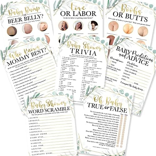 Hadley Designs 75 Greenery Who Knows Mommy Best, Baby Prediction and Advice Cards, 25 True Or False, Word Scramble For Baby Shower Ideas-8 Double Sided Cards Games Funny, Baby Shower Party Supplies by HadleyDesigns