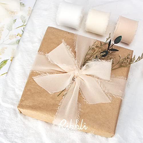 Ribbli White Chiffon Ribbon 1-1/2 inch x 20 Yard Handmade Fringe Chiffon Silk Ribbon, White Ribbon for Wedding Invitations, Bridal Bouquets Wrapping, Flower Arrangement Decoration (Pack of 2) - Image 4