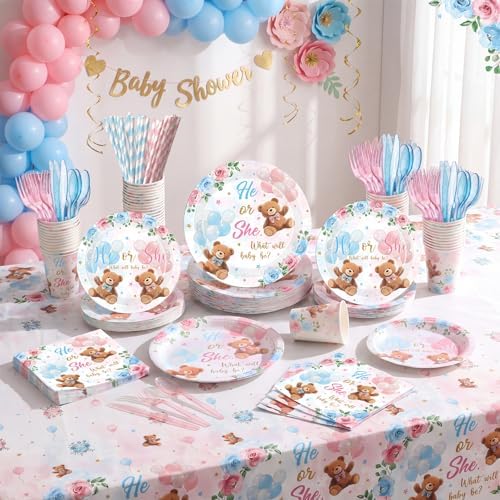 LemonRoad 452 Pcs Bear Gender Reveal Party Decoration for 50, He or She Gender Reveal Paper Plates Napkins Cups Tablecloth Cutlery Straws Pink Blue Disposable Tableware for What Will Baby Be Supplies - Image 4