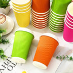Whaline 100 Pcs Neon Color Disposable Coffee Cups with Lids 16 Oz Fluorescent Color Paper Cups Corrugated Ripple Wall Insulated Hot Cup for Home Office Party Supplies - Image 3