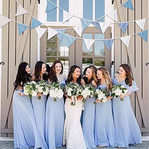 Zwiebeco 32Ft Blue White Plaid Dot Fabric Bunting Banner Triangle Flags Cotton Garland Pennant for Birthday Wedding Baby Shower Engagement Tea Party Classroom Nursery Home Outdoor Garden Decorations - Image 5