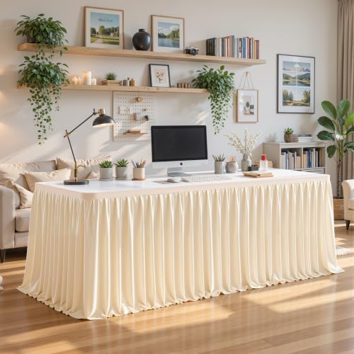 Partisky Ivory Polyester Table Skirt for Rectangle Tables 14ft, Wrinkle Resistant Pleated Ruffle Table Cloth for Banquet Wedding Trade Baby Shower Display Gift Dining Table - Image 2