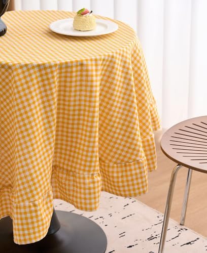 vctops Farmhouse Yellow Plaid Ruffle Table Cloth, Boho Cotton Linen Tablecloth, Washable Table Cover for Round Table Baby Shower Kitchen Party Wedding Decor (Yellow,70") - Image 4