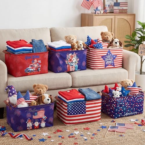 CHENGU 6 Pack 4th of July Storage Baskets Collapsible Patriotic Bins for Gifts 250th Independence Day Red Blue White Large Gnomes Basket Foldable American Flag Box with Handle for Party Bedroom Home - Image 4
