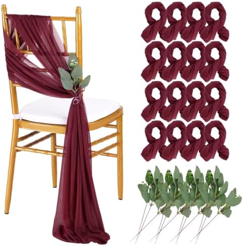QueenDream Burgundy Chair Sashes Wedding: 16 Pieces Long Sheer Wedding Aisle Chair Decorations Tulle Chairs Covers with Artificial Eucalyptus by QueenDream