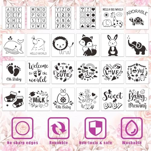 SytuHe 95 Pcs DIY Baby Bibs Decorating Kit50 White Bibs 24 Stencils 20 Fabric Markers 1 Baby Shower Game Sign - Image 3