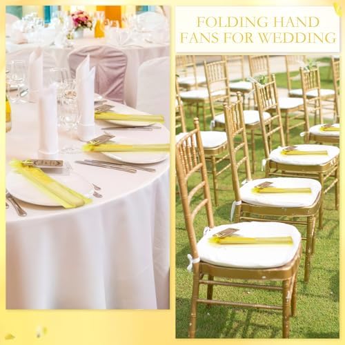 Roowest 50 Pack Paper Folding Fans Bamboo Wedding Favors, Lemon Yellow - Image 6