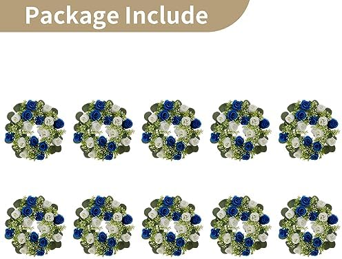 NUPTIO Flower Wedding Centerpieces for Tables: 10 Pcs 14 inch Diam Large Royal Blue & White Artificial Flowers Fake Roses Candle Rings Wreaths Spring Summer Wreath for Front Door Weddings Party - Image 6