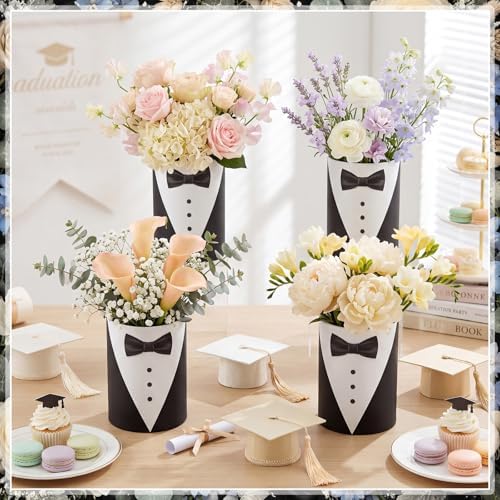LemonRoad 6 Set Cylinder Planter Box with Paper Removable Foam Round Flower Box Vase for Wedding Artificial Flowers Kitchen Party Table Centerpiece Home Decor(Black and White) - Image 3