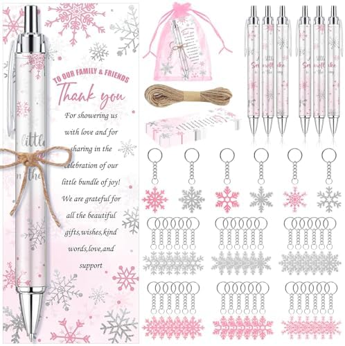 145 Pieces Little Snowflake Baby Shower Favors for Guest Pink Girl Ballpoint Pens and Keychains Gifts Bulk Winter Retractable Baby Shower Pens Gender Reveal Thank You Cards Souvenirs Prizes by EYNDYN