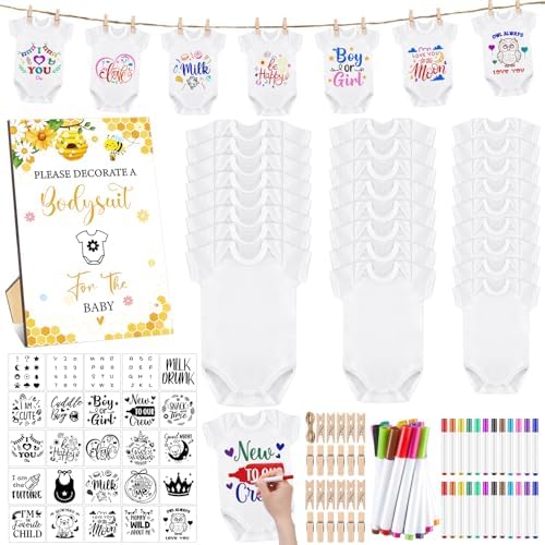 Panitay 126 Pcs Baby Shower DIY Bodysuit Set Bib 25 Blank White Newborn Bodysuit 25 Stencils 24 Marker 1 Sign 50 Pins(Bee) by Panitay