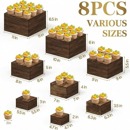 8 PCS Wooden Buffet Risers, Nesting Rustic Wood Display Stands, Multi-Size Dessert Table Display Set for Catering, Wedding & Party Events - Image 2