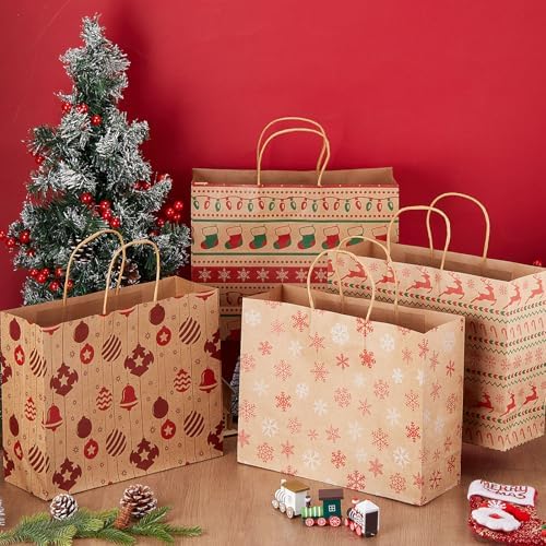 Gueevin 24 Piece Large Christmas Kraft Gift Bags with Handle 12.5 x 10 x 4.5 Inch Xmas Holiday Paper Treat Candy Goodie Bags with Snowflake Elk Socks Patterns for Christmas Party Favor Present Giving - Image 4