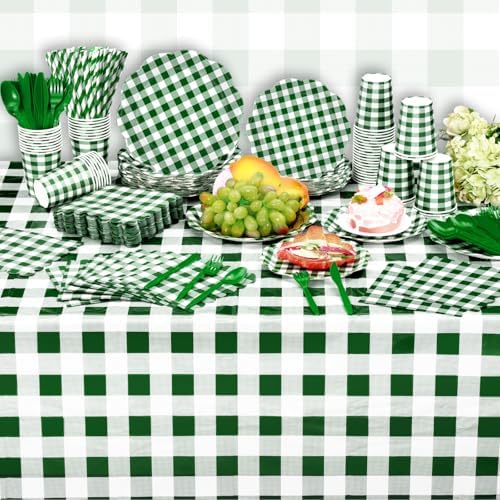 Funnymoom 452 Pcs Green Gingham Party Supplies for 50, Dark Green Plaid Checkered Paper Plates Napkins Cups Tablecloth Cutlery Straws for Holiday Birthday Baby Shower Party Decoration - Image 5