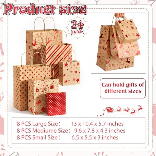 Humyoun 24 Pack Christmas Paper Gift Bags Bulk Assorted Sizes, Khaki,Red - Image 2