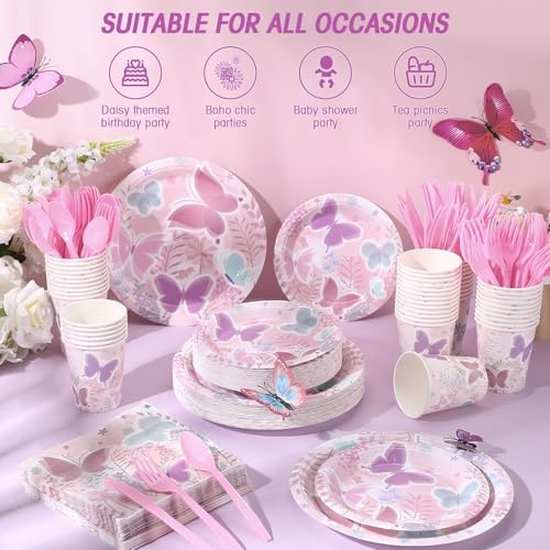 Ziliny 350 Pcs Butterfly Party Supplies Tableware Set Disposable 9'' 7'' Paper Plates 9 oz Cups Cutlery Napkins Dinnerware Set for 1st Birthday, Serve 50 (Butterfly, Purple, Pink) - Image 4