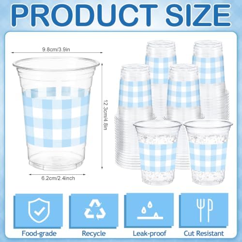 100 Pcs Blue Gingham Plastic Cups for Party Supplies, 12 oz - Image 3