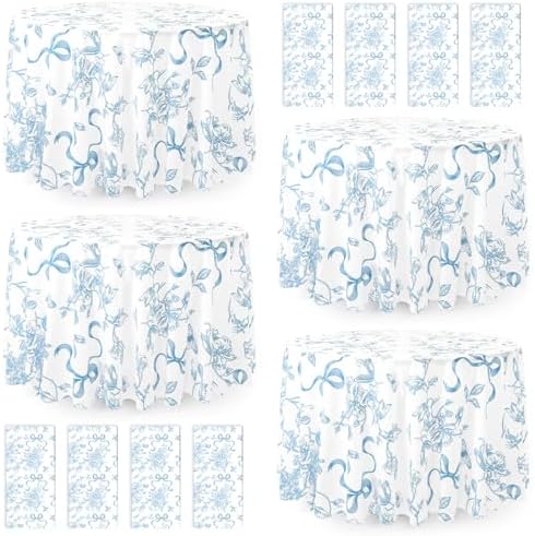 Ganeen 12 Pcs Blue Bow Floral Round Tablecloth 84 in Disposable Table Cover by Ganeen