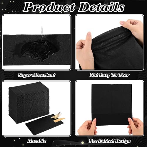 60 Pcs Black Linen-Feel Paper Napkins with Built-in Flatware Pocket, Pocket Linen Napkin Prefolded Cloth Like Paper Napkins Bulk for New Year Silverware Birthday Bathroom Weddings Party (Pack of 2) - Image 4