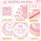 Ceenna 452 Pcs 50 Guests Pink Bow Baby Shower Decoration Girl, Pink Bow Welcome Baby Shower Plate Napkin Cup Tablecloth Cutlery Straw It's a Girl Disposable Tableware for Gender Reveal Party Supply - Image 2