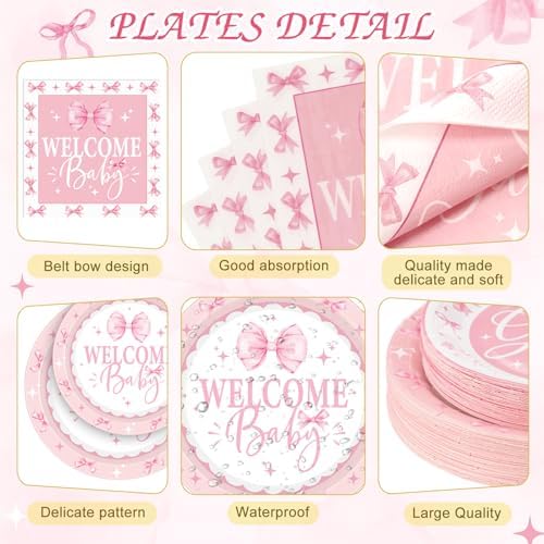 Ceenna 452 Pcs 50 Guests Pink Bow Baby Shower Decoration Girl, Pink Bow Welcome Baby Shower Plate Napkin Cup Tablecloth Cutlery Straw It's a Girl Disposable Tableware for Gender Reveal Party Supply - Image 2