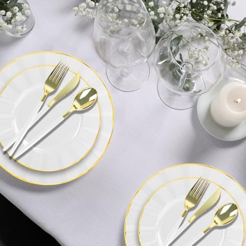 150Pcs Plastic Plates with Gold Rim,Heavy Duty White Plates for 30 Guests,Plastic Dinnerware Set Include 30 Dinner Plate,30 Dessert Plate,90 Gold Cutlery Set for Party (White) - Image 5