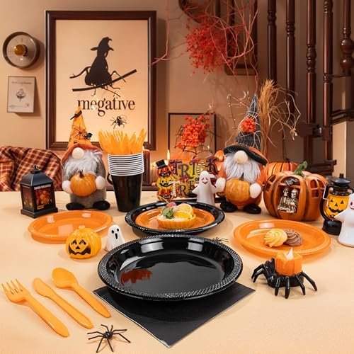 MirthMood 350PCS black and orange Plastic Plates,Black Disposable Plates –Plastic Plates Set Includes 50 Dinner,50 Dessert Plate,50 Cup&50 Napkins, 50 orange Silverware for Parties&Thanksgiving - Image 7